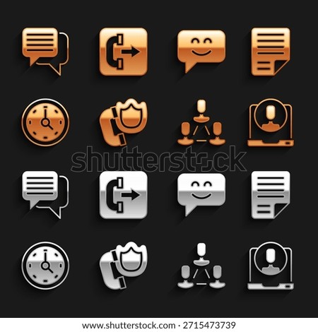 Set Telephone handset with shield, File document, 24 hours support, Employee hierarchy, Clock, Smile face, Speech bubble chat and Outgoing call icon. Vector