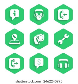 Set Telephone handset with shield, Paid support, Headphones, Wrench spanner, Outgoing call, Call center location, Incoming and Information icon. Vector