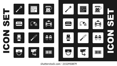 Set Telephone handset, Shower head, Hotel key card, Fork, Taxi, booking calendar, slippers and Toilet bowl icon. Vector