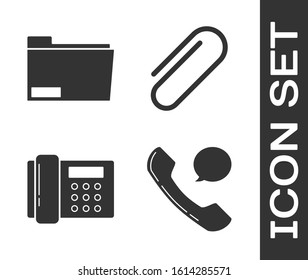 Set Telephone handset and speech bubble chat, Document folder, Telephone and Paper clip icon. Vector