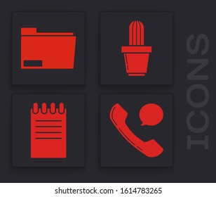 Set Telephone handset and speech bubble chat, Document folder, Cactus and succulent in pot and Notebook icon. Vector