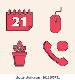 Set Telephone handset and speech bubble chat, Calendar, Computer mouse and Flowers in pot icon. Vector