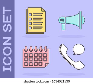 Set Telephone handset and speech bubble chat, File document, Calendar and Megaphone icon. Vector