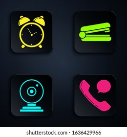 Set Telephone handset and speech bubble chat, Alarm clock, Web camera and Office stapler. Black square button. Vector