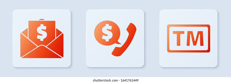 Set Telephone handset and speech bubble chat, Envelope with coin dollar and Trademark. White square button. Vector