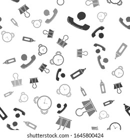 Set Telephone handset and speech bubble chat, Binder clip, Marker pen and Time Management on seamless pattern. Vector