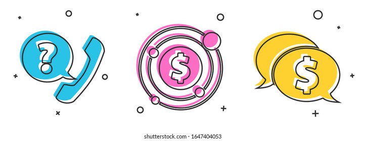 Set Telephone handset and speech bubble chat, Target with dollar symbol and Speech bubble with dollar icon. Vector