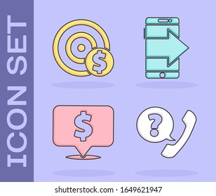 Set Telephone handset and speech bubble chat, Target with dollar symbol, Speech bubble with dollar and Smartphone, mobile phone icon. Vector