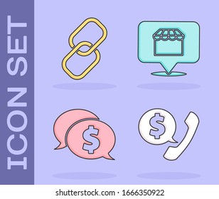 Establecer el teléfono y el chat de burbuja de voz, el enlace de cadena, la burbuja de voz con el dólar y el icono de concepto de compra en línea. Vector