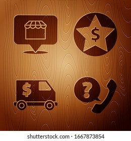 Setzen Sie Telefon-Handy-Set und Rede-Blase-Chat, Online-Shopping-Konzept, Panzer-LKW und Star und Dollar auf Holzhintergrund. Vektorillustration