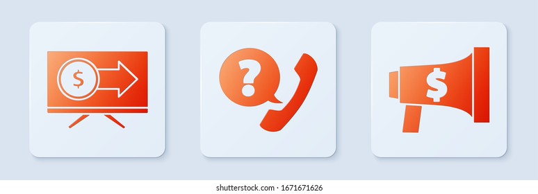 Establecer el teléfono y el chat de burbuja de habla, el monitor con dólar, megáfono y dólar. Botón cuadrado blanco. Vector