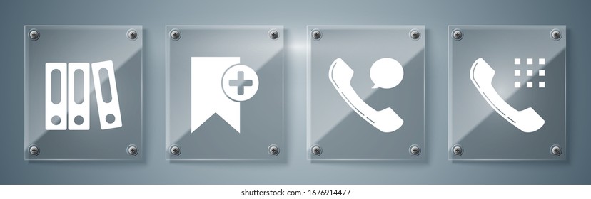 Set Telephone handset, Telephone handset and speech bubble chat, Bookmark and Office folders with papers and documents. Square glass panels. Vector