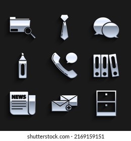 Set Telephone Handset And Speech Bubble Chat, Envelope, Archive Papers Drawer, Office Folders With Documents, News, Marker Pen, Speech And Search Concept Icon. Vector