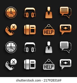 Set Telephone handset, Speech bubble chat, Stacks paper money cash, Signboard with text Help, Declined or missed call, Employee, Clock and Headphones icon. Vector