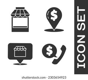 Set Telephone handset and speech bubble chat, Shopping building or market store, Online shopping concept and Cash location pin icon. Vector