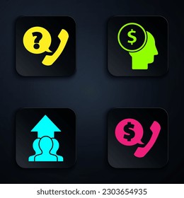 Set Telephone handset and speech bubble chat, Telephone handset and speech bubble chat, Growth chart and progress in people crowd and Business man planning mind. Black square button. Vector