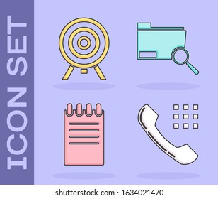 Set Telephone handset, Target, Notebook and Search concept with folder icon. Vector