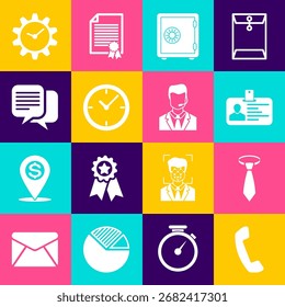 Set Telefon-Handapparat, Krawatte, Identifikationsabzeichen, Safe, Uhr und Chat-Symbol. Vektorgrafik