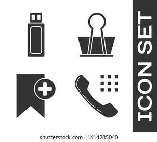 Set Telephone handset, USB flash drive, Bookmark and Binder clip icon. Vector