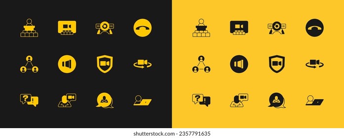 Set Telephone handset, Video chat conference, Speech bubble, Speaker volume, Web camera,  and  icon. Vector