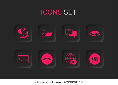 Set Telephone handset, Video chat conference, 360 degree view, Mute microphone, Speech bubble and  icon. Vector