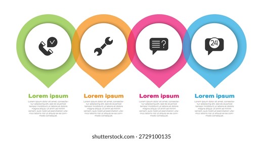 Set Teléfono, llave inglesa, búsqueda desconocida y 24 horas de Asistencia. Plantilla de infografía de negocios. Vector