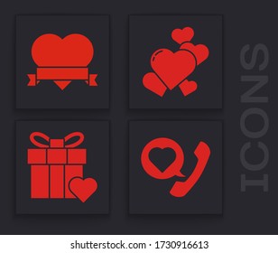 Set Telephone with heart speech bubble, Heart and ribbon, Heart and Gift box and heart icon. Vector