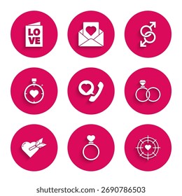 Set Telefon mit Herz-Sprechblase, Hochzeitsringe, Herz das Zentrum der Darts Ziel Ziel, Amour und Pfeil, Stoppuhr, männliche Geschlecht Symbol und Valentinstag Party Flyer Symbol. Vektorgrafik