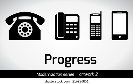 Set of telephone icons in flat design. Progress. Modernization
