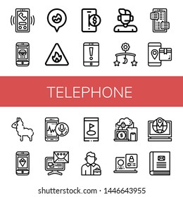 Set of telephone icons such as Call, Phone, Fire location, Fire sign, Smartphone, Mobile, Support, Message, Llama, Salesman, Devices, Laptop, Contact book , telephone