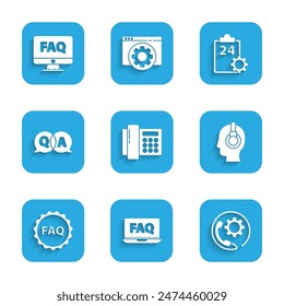 Set Telephone, Laptop and FAQ, 24 hours support, Support operator in touch, Label with text, Question Answer, Checklist service and Computer monitor icon. Vector
