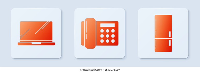 Set Telephone , Laptop  and Refrigerator . White square button. Vector