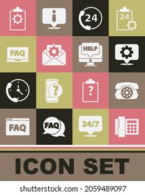 Set Telephone, Location with gear, 24 hours support, Envelope setting, Laptop and FAQ, Checklist service and Computer monitor help icon. Vector