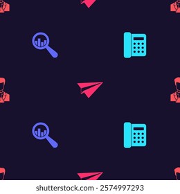 Set Telephone, Magnifying glass and analysis, Paper plane and Scientist test tube on seamless pattern. Vector