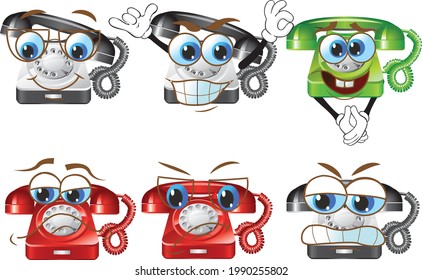 Set of telephone mascote character. Vector illustration sketch comic collection ideal for printing on any materials, ready to use as a poster, t-shirt, banner and other. Vector eps illustration.