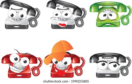 Set of telephone mascote character. Vector illustration sketch comic collection ideal for printing on any materials, ready to use as a poster, t-shirt, banner and other. Vector eps illustration.