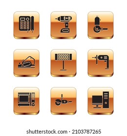 Set Telephone, Microwave oven, Angle grinder, Electric heater, planer tool and  icon. Vector