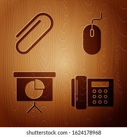 Set Telephone, Paper Clip, Presentation Financial Board With Graph, Schedule, Chart, Diagram, Infographic, Pie Graph And Computer Mouse On Wooden Background. Vector