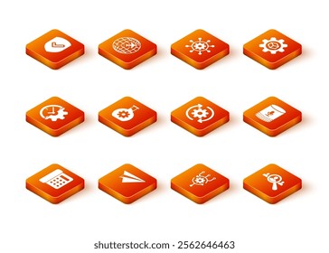 Set Telephone, Paper plane, Clock and gear, Bioengineering, Algorithm and Gear arrows as workflow icon. Vector