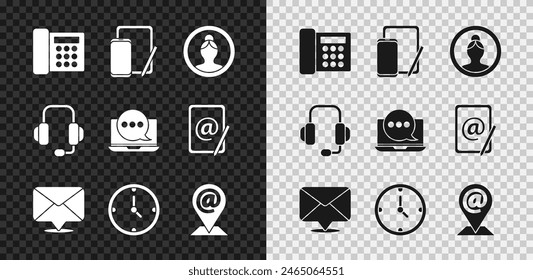 Set Telephone, Phone and graphic tablet, Create account screen, Envelope, Clock, Location mail e-mail, Headphones and Chat messages notification laptop icon. Vector