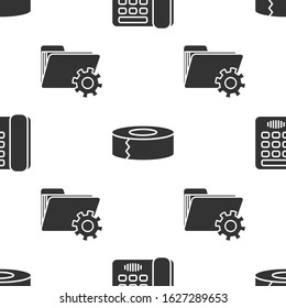 Set Telephone, Scotch and Folder settings with gears on seamless pattern. Vector