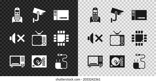 Set Telephone, Security Camera, Graphic Tablet, Microwave Oven, Vinyl Player, Charger, Speaker Mute And Retro Tv Icon. Vector