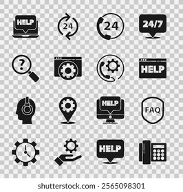 Set Telephone, Shield with text FAQ, Browser help, 24 hours support, setting, Unknown search, Laptop and and  icon. Vector