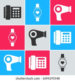 Set Telephone , Smart watch showing heart beat rate  and Hair dryer  icon. Vector