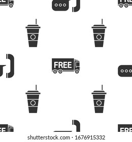 Stellen Sie Telefon mit Sprechblasen-Chat , kostenloser Lieferservice und Kaffee-Tasse auf nahtlosen Mustern. Vektorillustration