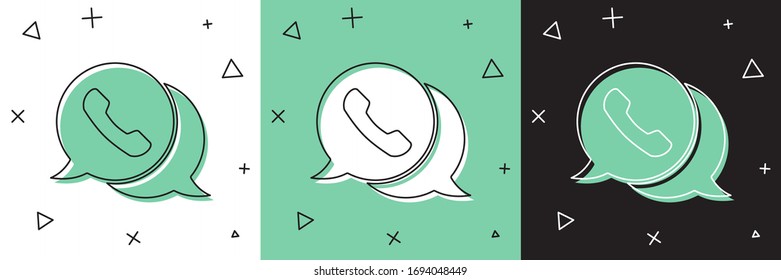 Legen Sie Telefon mit Sprach-Blase-Chat Symbol einzeln auf weißem und grünem, schwarzem Hintergrund. Support Kundenservice, Hotline, Call Center, FAQ. Vektorillustration-Illustration