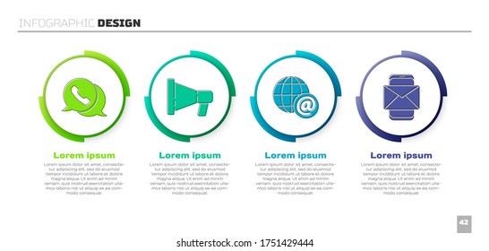 Set Telephone with speech bubble chat, Megaphone, Earth globe with mail and Mobile and envelope. Business infographic template. Vector