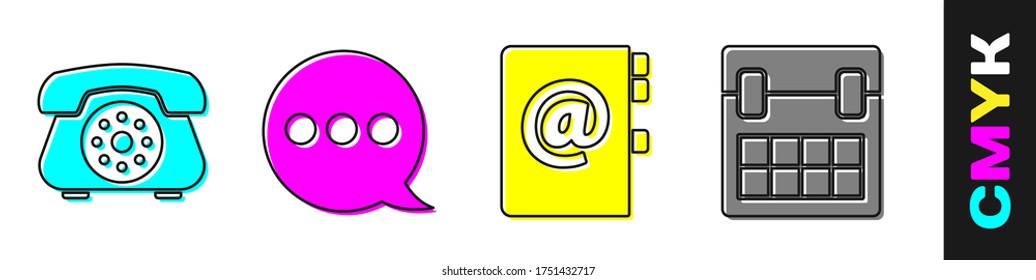 Setzen Sie Telefon, Sprechblase Chat, Adressbuch und Kalender Symbol. Vektorgrafik
