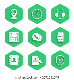 Set Telephone with speech bubble chat, Document and cursor, Shield mail e-mail, Chat messages notification, Address book, Calendar, Headphones and Location icon. Vector