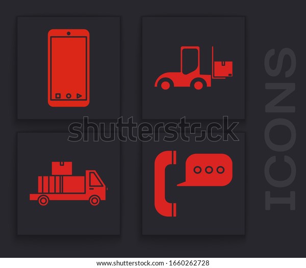 Set Telephone with speech bubble chat ,
Mobile phone with app delivery tracking, Forklift truck  and
Delivery truck with cardboard boxes icon.
Vector